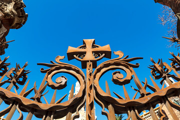 Iron entrance gate of Hospital de la Santa Creu i Sant Pau, Barcelona, Catalonia, Spain, Europe