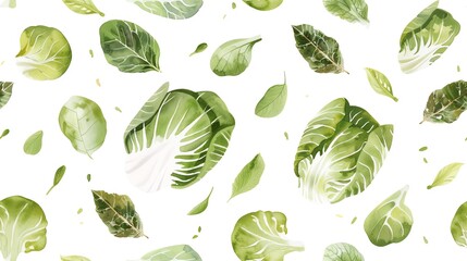 Seamless pattern of green kale and spinach leaves on white background. Fresh, healthy, and organic vegetable texture.