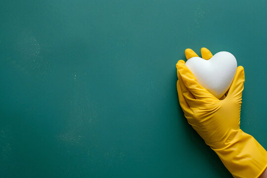 Female hands in yellow rubber gloves holding a white heart on a green background, from a top view. A cleaning service concept in the style of a valentine day or mother's Day banner template with space