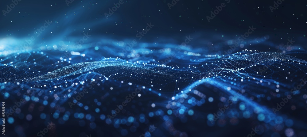 Poster wave with connected dots and lines in futuristic abstract mesh. 3d rendering.