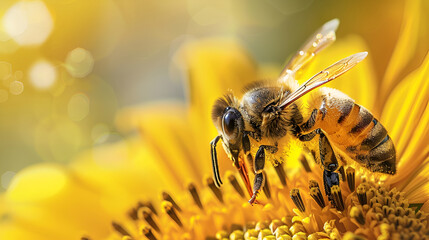 Honeybee Collecting Nectar on Sunflower Macro Shot