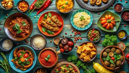 A top-down view of a table full of colorful and delicious African dishes , African, food, cuisine, meal, dishes, table