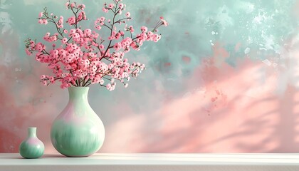Impressionist 3D render pastel wall, pink and mint green flower vase on white table, soft hues.