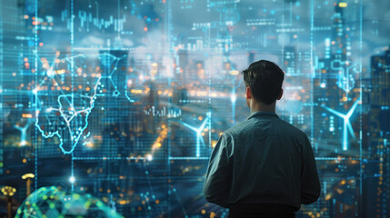 Man observing a digital screen with holographic data and graphs, symbolizing the integration of technology and data analysis in modern business and scientific research.