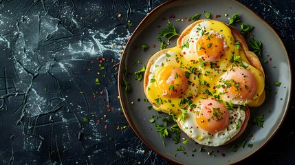 a classic eggs Benedict with hollandaise sauce, centered with sharp detail and ample copy space.