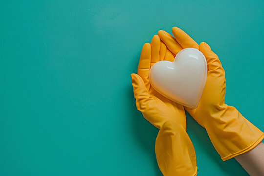 Female hands in yellow rubber gloves holding a white heart on a green background, from a top view. A cleaning service concept in the style of a valentine day or mother's Day banner template with space