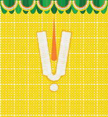 Creative and beautiful background design of yellow marigold flowers with Sri Balaji Tilak for weddings and marriages, birthday, anniversary and more