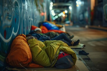 Homeless people sleeping in sleeping bag and cardboard under the road, concept of financial crisis, unemployment, lose job, vulnerable groups.