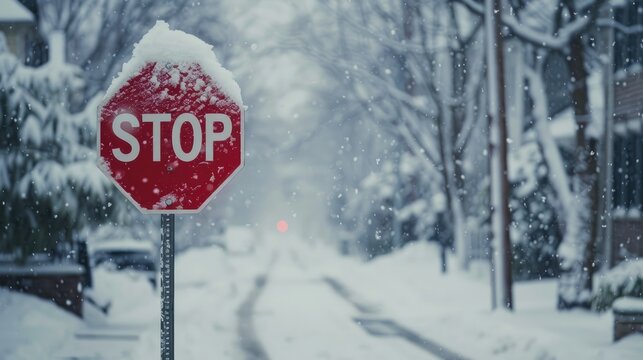 Stop sign colored red during snowy winter weather