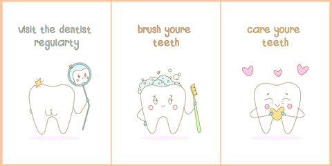 Set of cute teeth with different emotions. Cards with an inscription about dental care. Dental health theme. Vector. Flat style