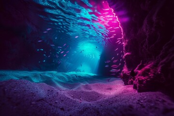First-Person View of a Vibrant Underwater Cave with Colorful Fish and Neon Corals