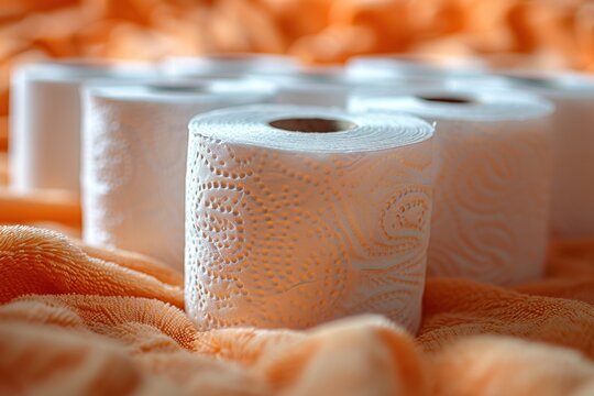 Toilet paper rolls displayed on a orange background. Generative Ai