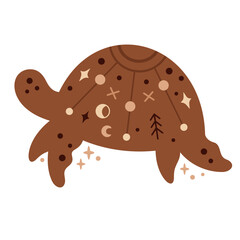 Ocean animal. Boho turtle clipart in cartoon flat style. Celestial Sea animal clipart. Hand drawn vector illustration