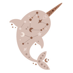 Ocean animal. Boho narwhal clipart in cartoon flat style. Celestial Sea animal clipart. Hand drawn vector illustration
