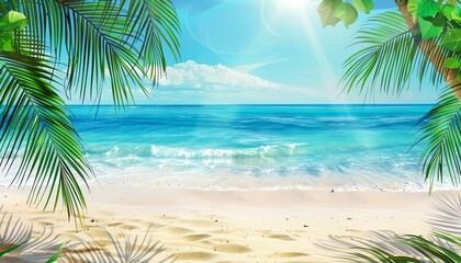 Obraz premium Beautiful Tropical Beach Background with Palm Leaves and Sand 
