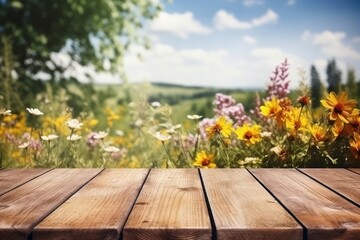 Wooden table in summer landscape outdoors flower.