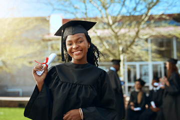 Graduation, portrait and black woman with certificate at university, success or degree in Nigeria....