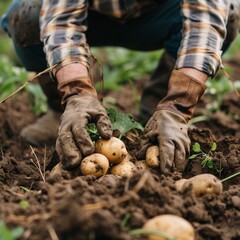 Harvest Time: Fresh Potatoes Unearthed by Gloved Hands
