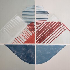 Hand drawn abstract minimal element mid century vector set. Aesthetic contemporary stripe line art, geometric shape in blue and red. Art form design for wall art, decoration, wallpaper