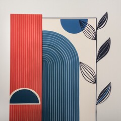 Hand drawn abstract minimal element mid century vector set. Aesthetic contemporary stripe line art, geometric shape in blue and red. Art form design for wall art, decoration, wallpaper