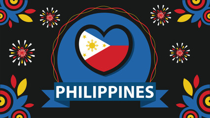 Philippines vector banner design illustration with flag colors, geometric shapes and typography. fireworks and ribbon elements.