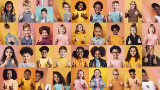 Children with thumbs up. Happy multicultural kids smiling at camera. Portraits of children elementary age, generative AI