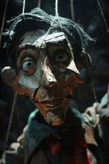 Close-up of a puppet controlled by abstract lines and shapes, symbolizing the connection between the puppeteer and the puppet,