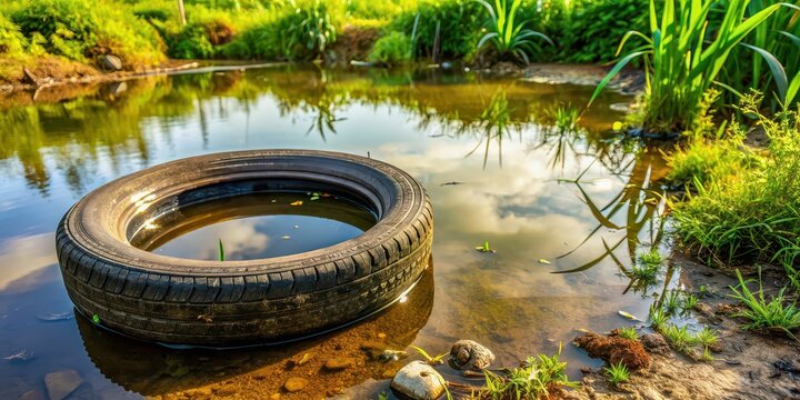 Abandoned tyre filled with stagnant water, potential breeding ground for Aedes mosquito, abandoned