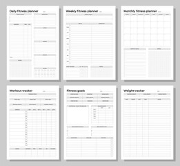 Fitness planners set. Daily, weekly, monthly fitness planners, workout tracker, fitness goals and weight tracker. A4 printable templates.