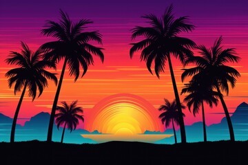 Obraz premium Palm retro sunset tree silhouette.