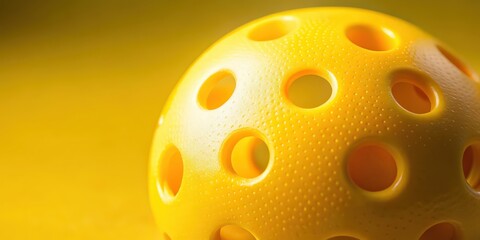 Close-up shot of a yellow pickleball with holes on a matching yellow background, pickleball, yellow, sport, equipment