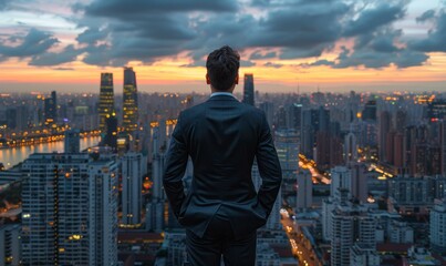 Naklejka premium Back view business man executive standing in modern big city looking and dreaming of future business success