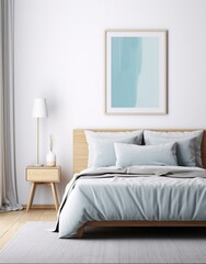 Interior of modern bedroom with white walls, wooden floor, comfortable king size bed with white linen and vertical mock up poster frame