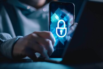 Close-up Shot of a Person Using a Smartphone with a Digital Security Lock Icon