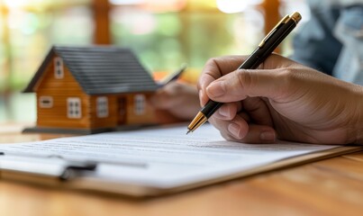 Fototapeta premium Close up hand of Home buyers sign contract after success deal with banker in office