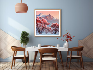 Modern dining room with stylish decor featuring a framed mountain artwork and natural wooden furniture.