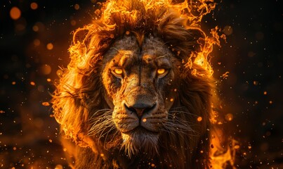 Naklejka premium front view of Lion king in fire, Portrait on black background