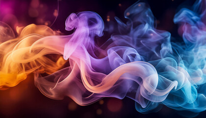 Fototapeta premium Abstract gradient colored smoke flying on black background with bokeh effect, night life of fantastic creature