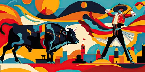 Naklejka premium Vibrant Bullfight Illustration in Pop Art