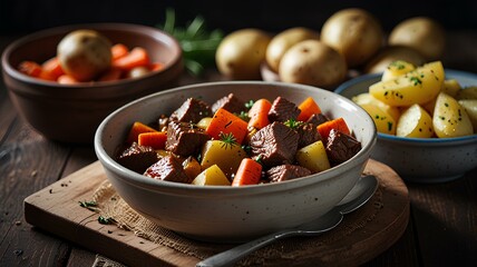 Hearty beef stew with potatoes and carrots celebration meal. 