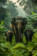 Fototapeta premium Detailed shot of a family of elephants walking through a lush, green landscape, representing joy and unity,