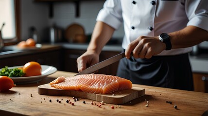 anonymous male chef cutting raw fish on wooden table in kitchen in blurred background.