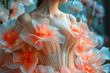 Fototapeta premium Close-up of a woman in a dress made entirely of holographic petals, exuding a sense of futuristic elegance,