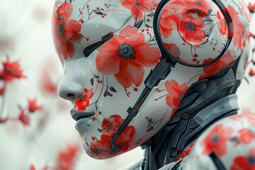 Detailed view of a woman with floral designs embedded into her futuristic armor, blending strength and femininity,