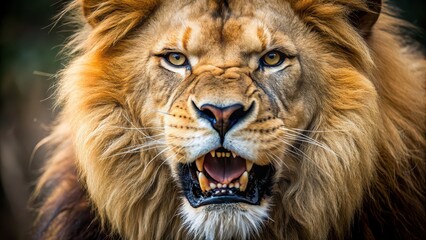 Fototapeta premium Close up of a lion with fierce eyes and sharp teeth, lion, close up, predator, feline, wildlife, nature, safari, animal
