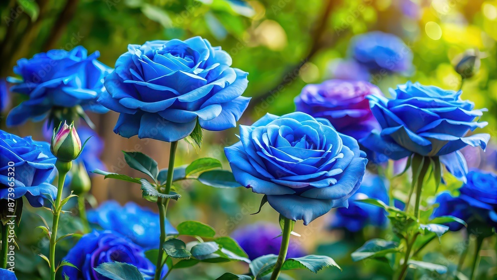 Canvas Prints Blue roses standing out in a lush garden setting, blue, roses, garden, unique, beauty, nature, vibrant, petals, colorful