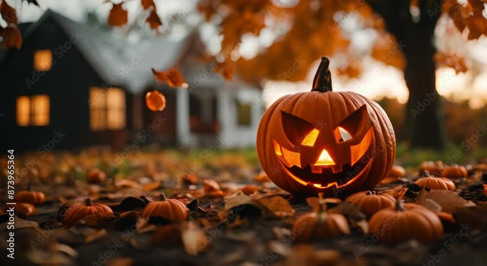 Canvas Prints A pumpkin with a scary face is sitting on the ground next to some leaves. The scene is set in a yard with a house in the background. Scene is spooky and Halloween-like