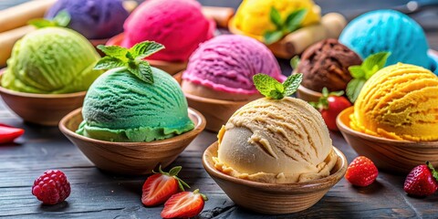 Close-up of colorful ice cream scoops with various ingredients on top, ice cream, scoops, colorful, dessert, sweet, toppings