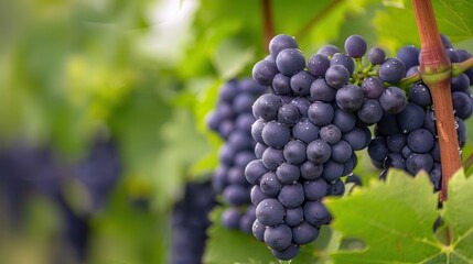 Naklejka premium Close-up of ripe purple grapes hanging on the vine in a lush vineyard, surrounded by green leaves, ready for harvest.