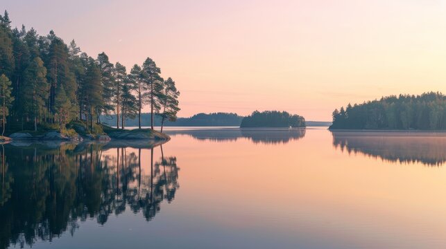 Tranquil finnish lake glowing in the serene beauty of a summer sunset, captured in scenic view